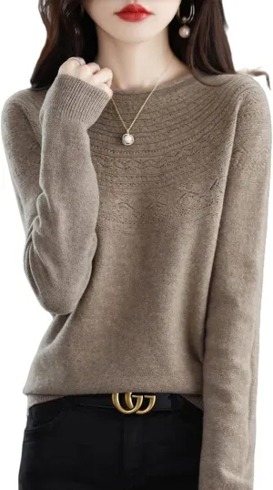 100% Merino Wool Sweaters Women's Fall Winter Warm Soft Knitted Loose Pullover Crew Neck Long Sleeves