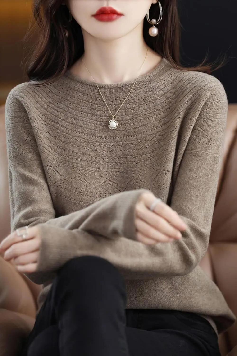 100% Merino Wool Sweaters Women's Fall Winter Warm Soft Knitted Loose Pullover Crew Neck Long Sleeves