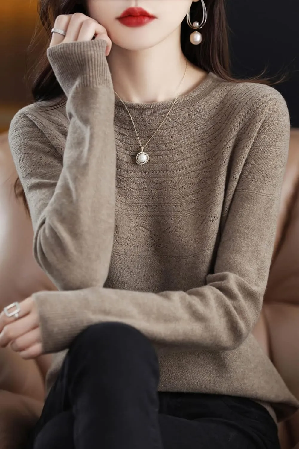 100% Merino Wool Sweaters Women's Fall Winter Warm Soft Knitted Loose Pullover Crew Neck Long Sleeves