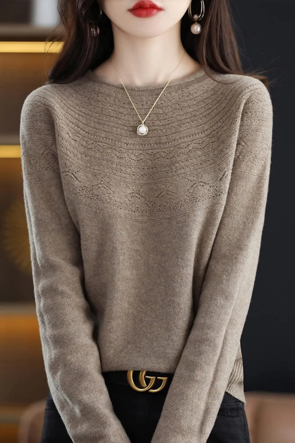 100% Merino Wool Sweaters Women's Fall Winter Warm Soft Knitted Loose Pullover Crew Neck Long Sleeves