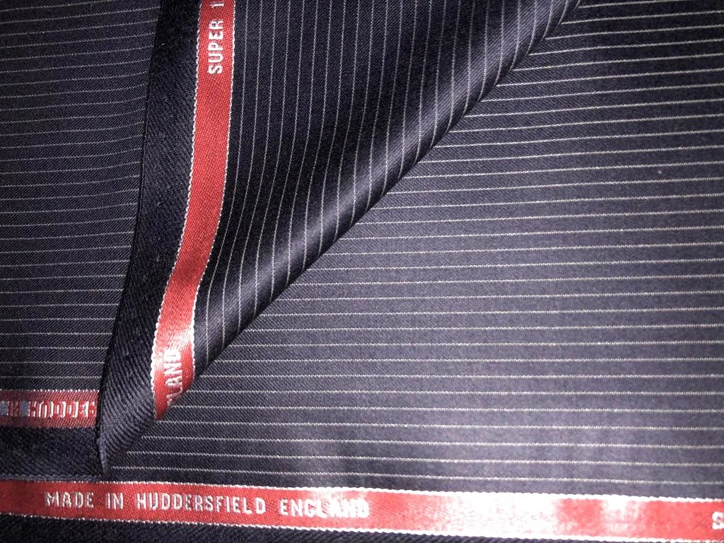 100% wool suiting fabric made in Huddersfield, England 150's super wool count striped available in 2 colors dark navy and black[15639/40]