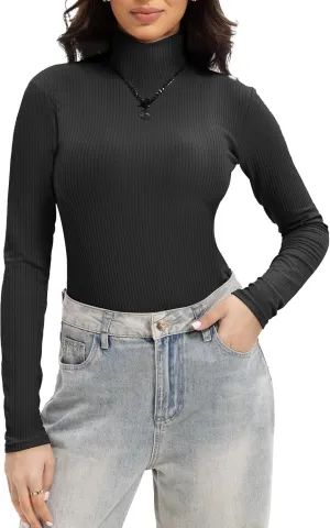 1/4 Pack Women's Ribbed Turtleneck Long Sleeve Shirts Basic Tops Fitted Stretch Sweater