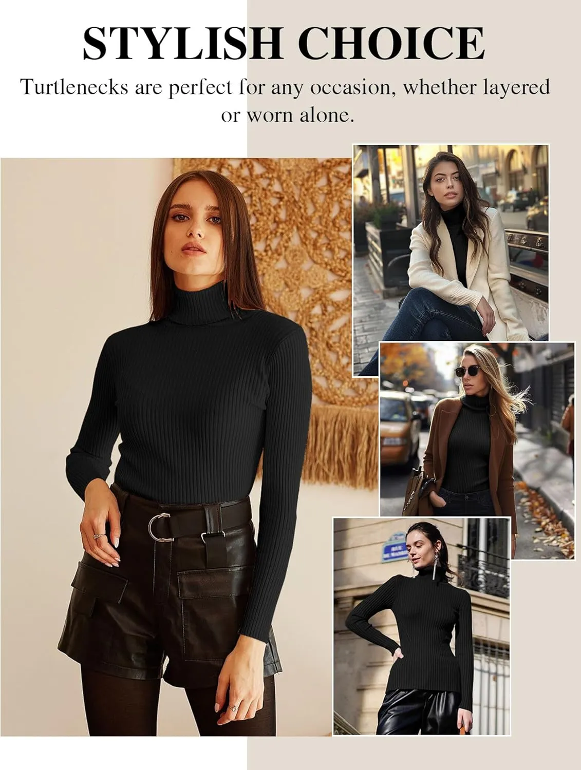 1/4 Pack Women's Ribbed Turtleneck Long Sleeve Shirts Basic Tops Fitted Stretch Sweater