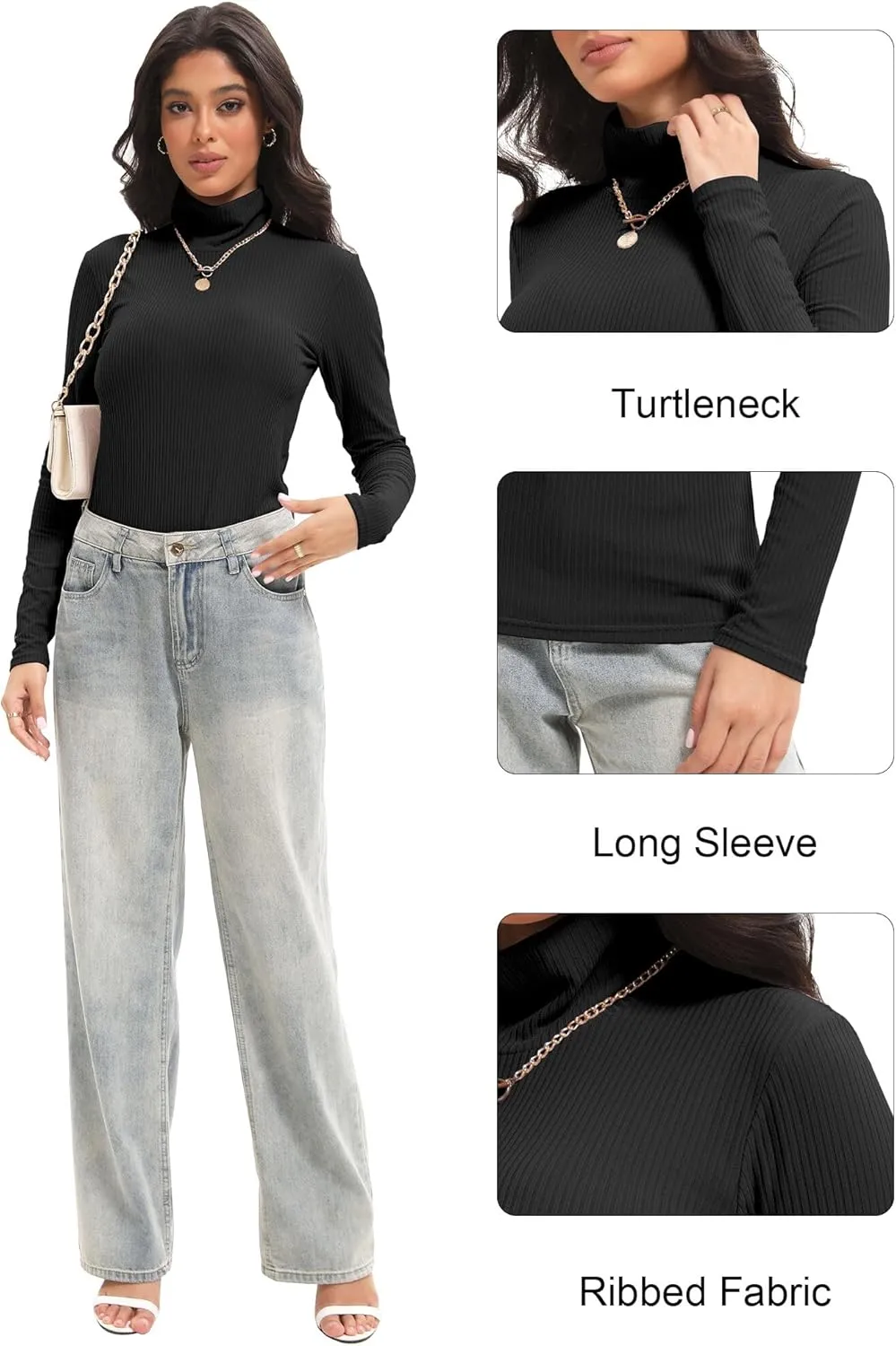 1/4 Pack Women's Ribbed Turtleneck Long Sleeve Shirts Basic Tops Fitted Stretch Sweater
