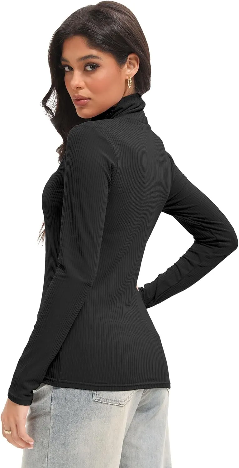 1/4 Pack Women's Ribbed Turtleneck Long Sleeve Shirts Basic Tops Fitted Stretch Sweater