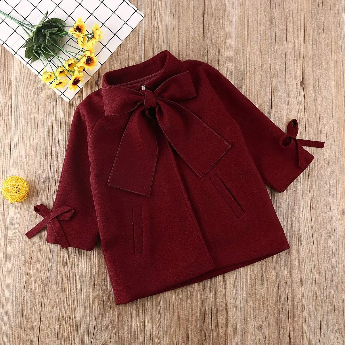 2-8Y Kids Toddler Girl Wool Coat with Big Bowknot Long Sleeve Trench Coat Fall Winter Outwear Jacket for Children
