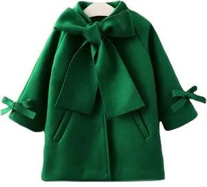 2-8Y Kids Toddler Girl Wool Coat with Big Bowknot Long Sleeve Trench Coat Fall Winter Outwear Jacket for Children