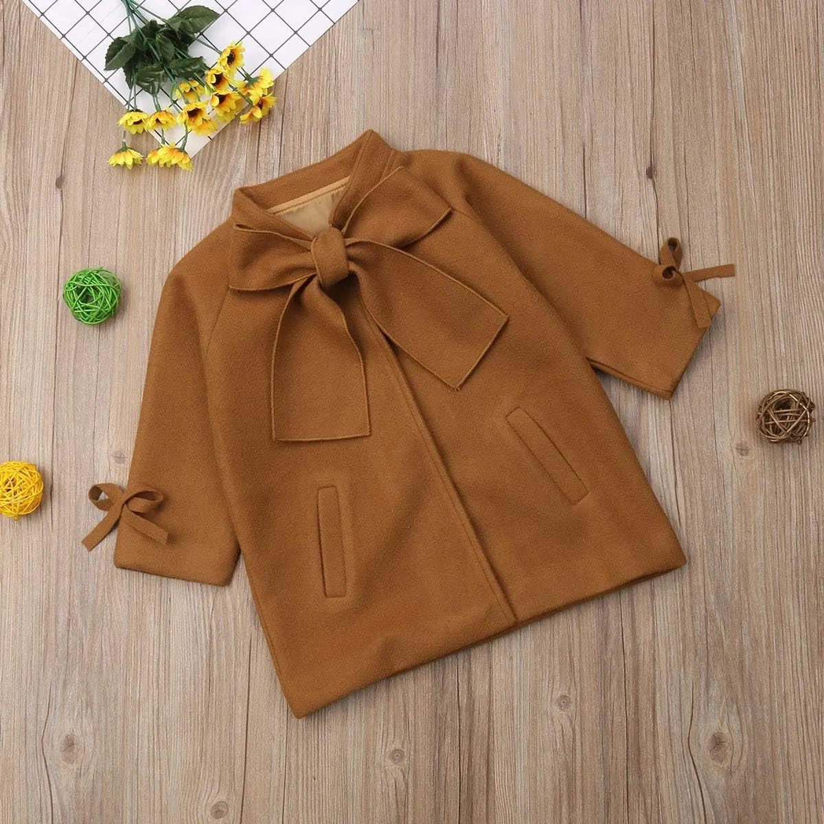 2-8Y Kids Toddler Girl Wool Coat with Big Bowknot Long Sleeve Trench Coat Fall Winter Outwear Jacket for Children