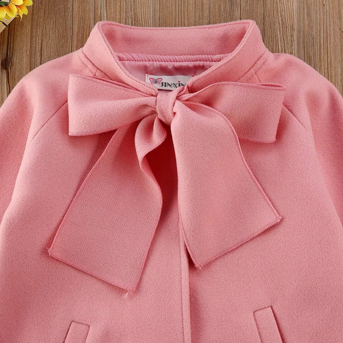 2-8Y Kids Toddler Girl Wool Coat with Big Bowknot Long Sleeve Trench Coat Fall Winter Outwear Jacket for Children