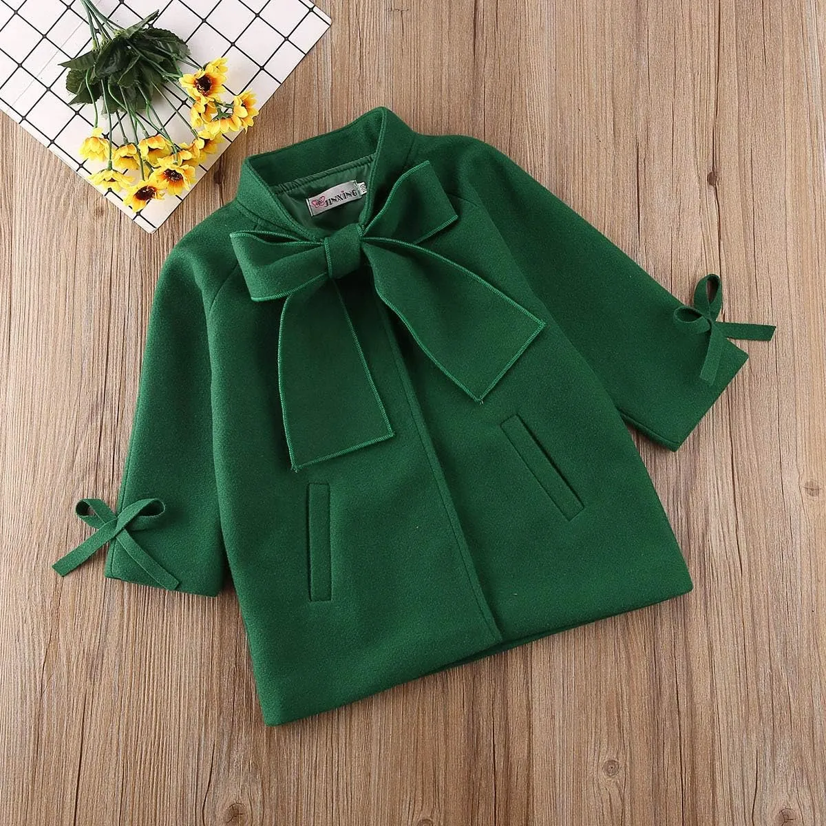 2-8Y Kids Toddler Girl Wool Coat with Big Bowknot Long Sleeve Trench Coat Fall Winter Outwear Jacket for Children