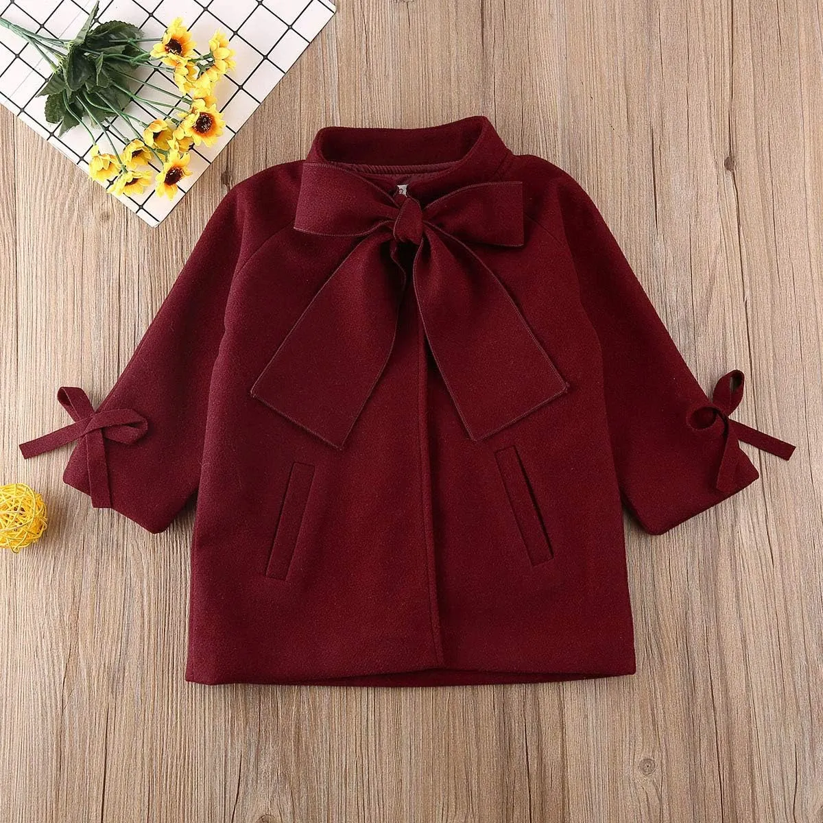 2-8Y Kids Toddler Girl Wool Coat with Big Bowknot Long Sleeve Trench Coat Fall Winter Outwear Jacket for Children