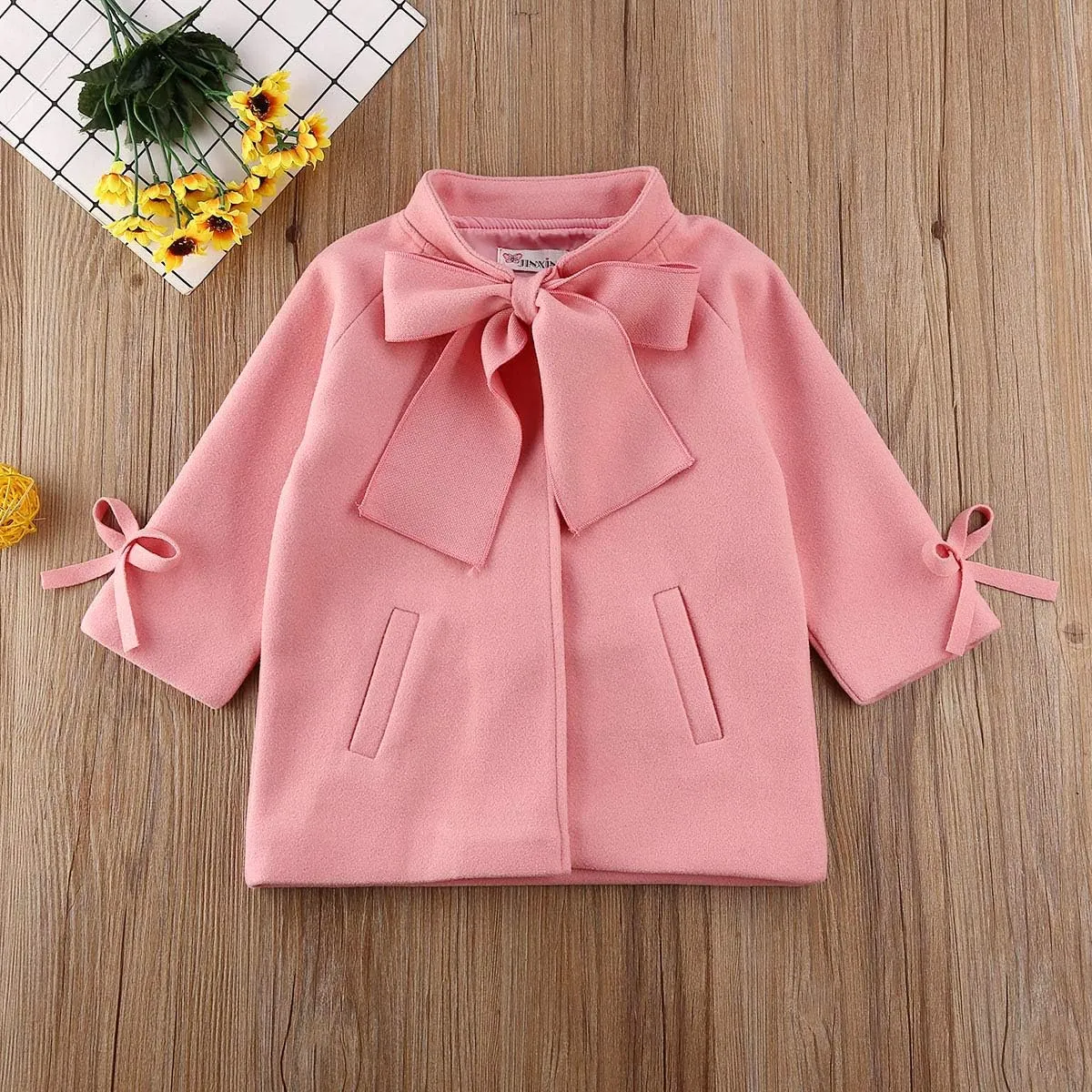 2-8Y Kids Toddler Girl Wool Coat with Big Bowknot Long Sleeve Trench Coat Fall Winter Outwear Jacket for Children