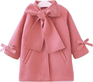 2-8Y Kids Toddler Girl Wool Coat with Big Bowknot Long Sleeve Trench Coat Fall Winter Outwear Jacket for Children