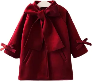 2-8Y Kids Toddler Girl Wool Coat with Big Bowknot Long Sleeve Trench Coat Fall Winter Outwear Jacket for Children