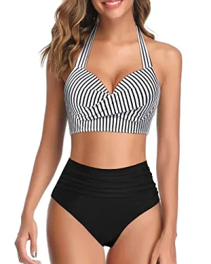 2 Piece High Waisted Bikini Swimsuits Tummy Control Bathing Suits-Black And White Stripe