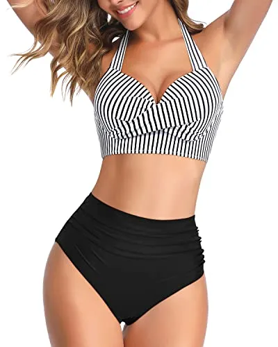 2 Piece High Waisted Bikini Swimsuits Tummy Control Bathing Suits-Black And White Stripe