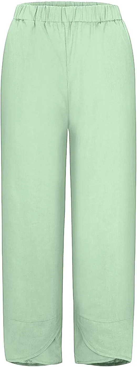 2024 Women's Capri Pants Summer Cotton Linen Yoga Pants Trendy Casual Wide Leg Beach Pant Elastic Waist Palazzo Trousers