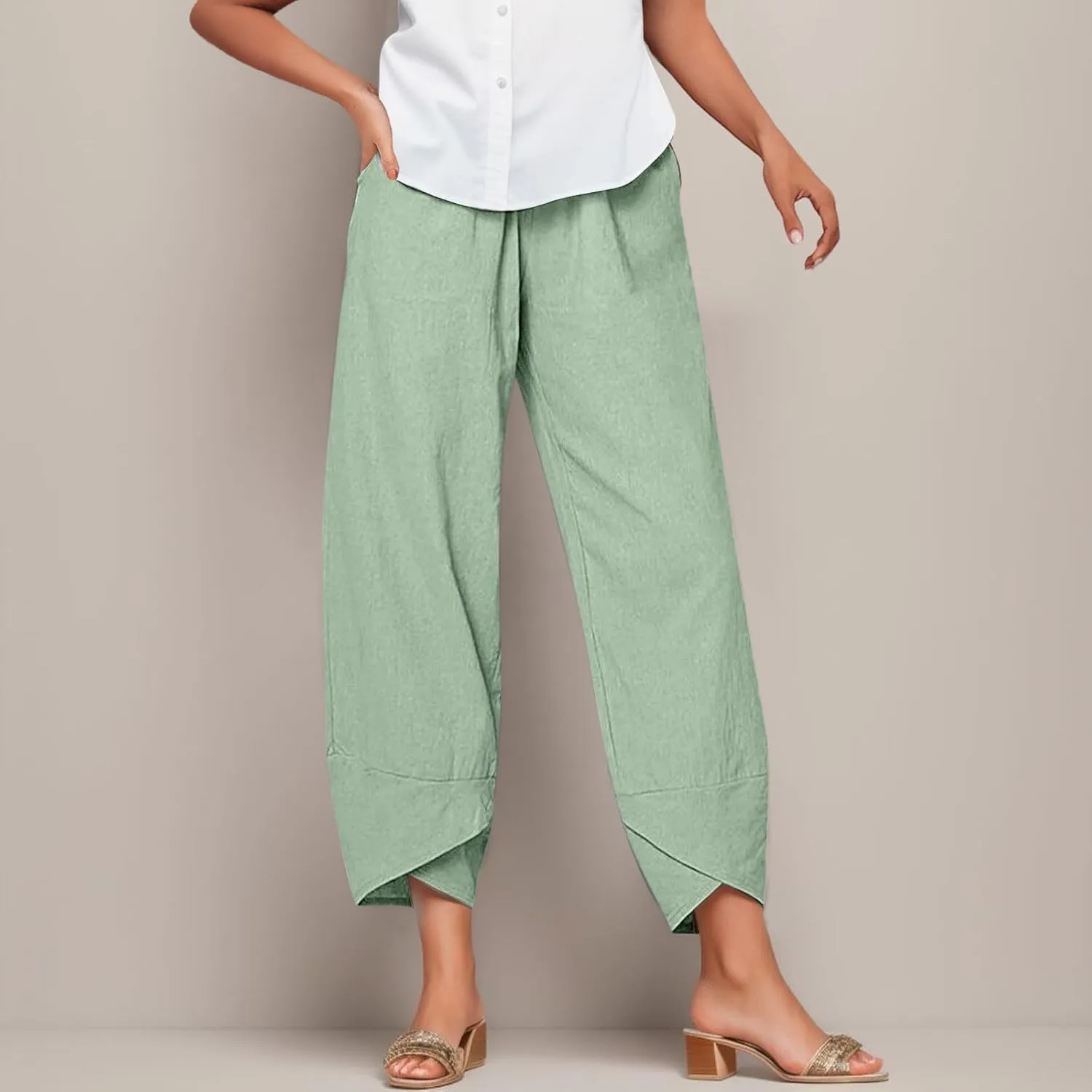 2024 Women's Capri Pants Summer Cotton Linen Yoga Pants Trendy Casual Wide Leg Beach Pant Elastic Waist Palazzo Trousers