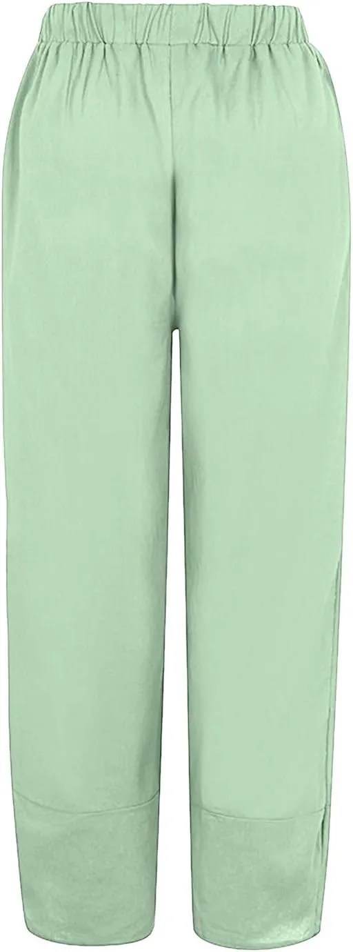 2024 Women's Capri Pants Summer Cotton Linen Yoga Pants Trendy Casual Wide Leg Beach Pant Elastic Waist Palazzo Trousers