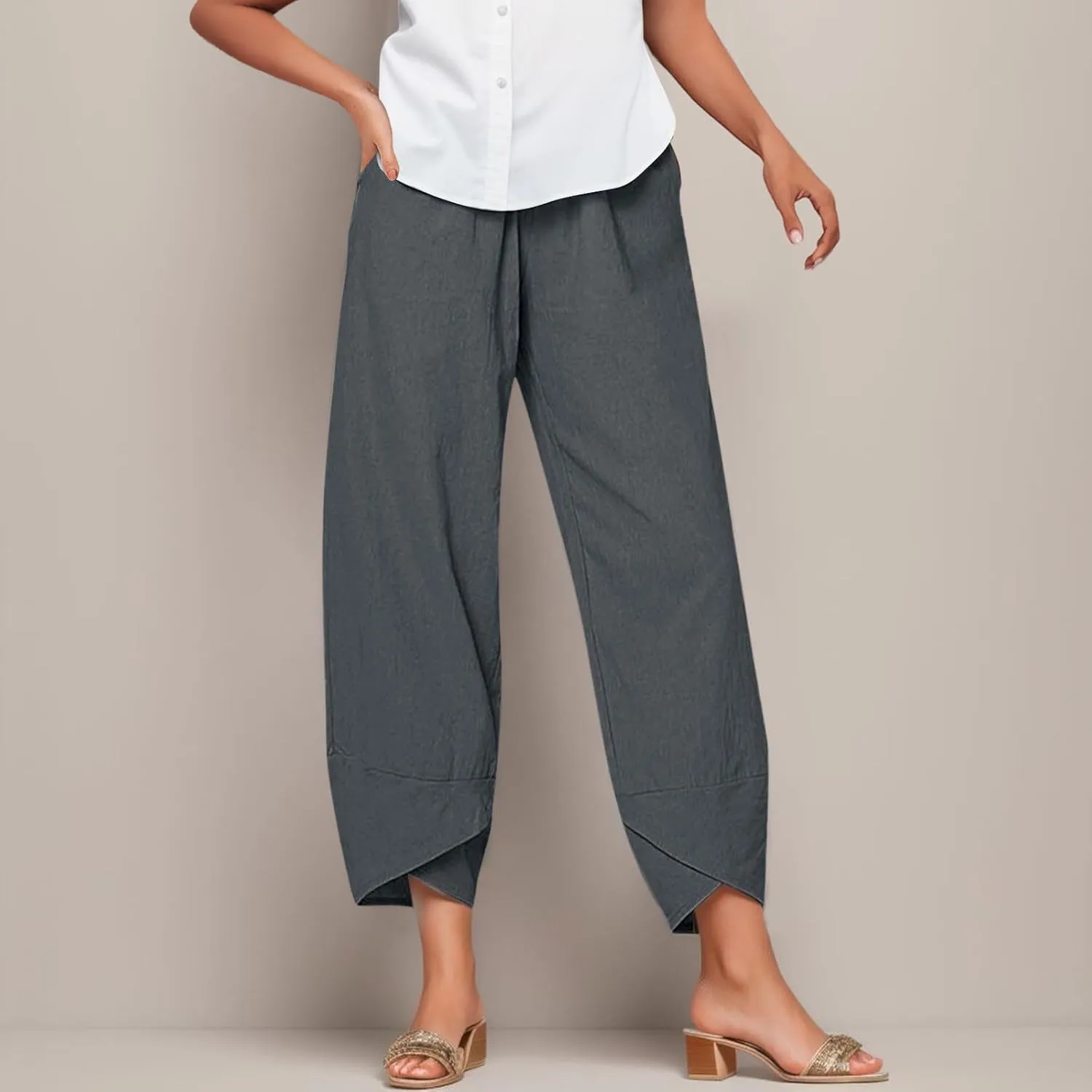 2024 Women's Capri Pants Summer Cotton Linen Yoga Pants Trendy Casual Wide Leg Beach Pant Elastic Waist Palazzo Trousers