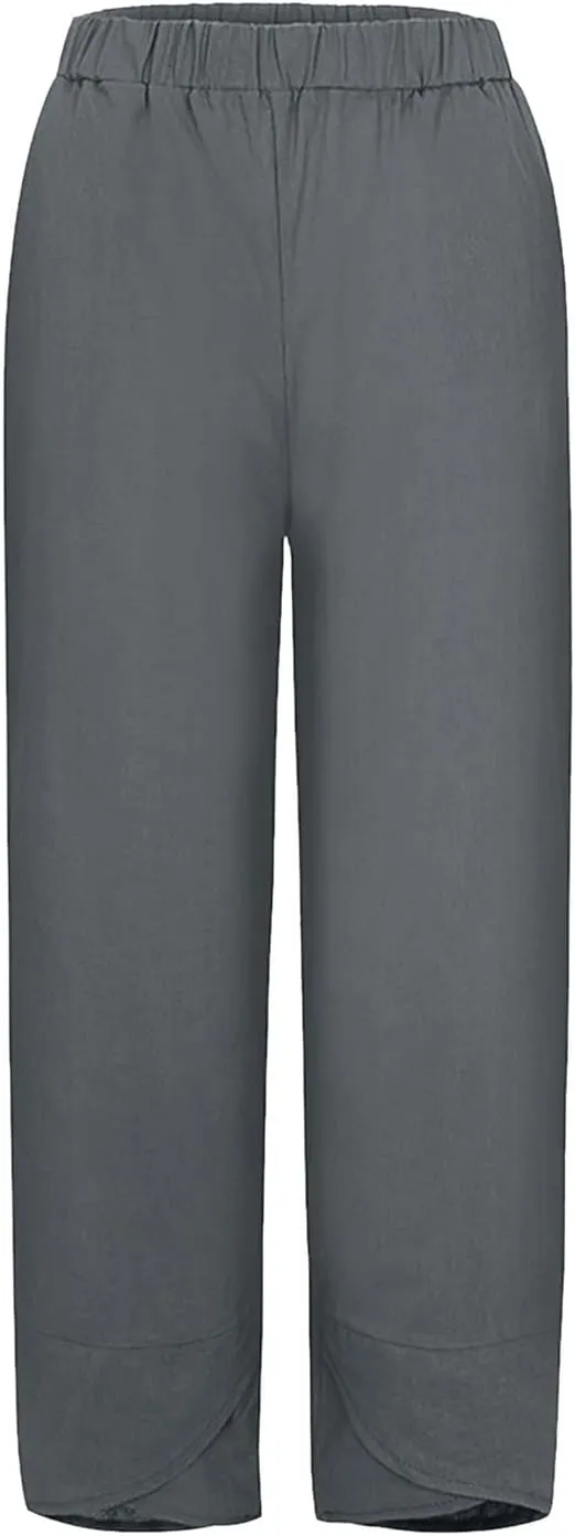 2024 Women's Capri Pants Summer Cotton Linen Yoga Pants Trendy Casual Wide Leg Beach Pant Elastic Waist Palazzo Trousers