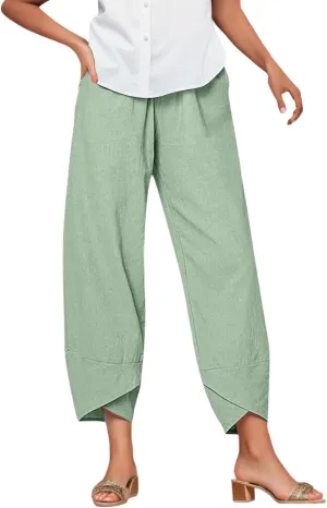 2024 Women's Capri Pants Summer Cotton Linen Yoga Pants Trendy Casual Wide Leg Beach Pant Elastic Waist Palazzo Trousers
