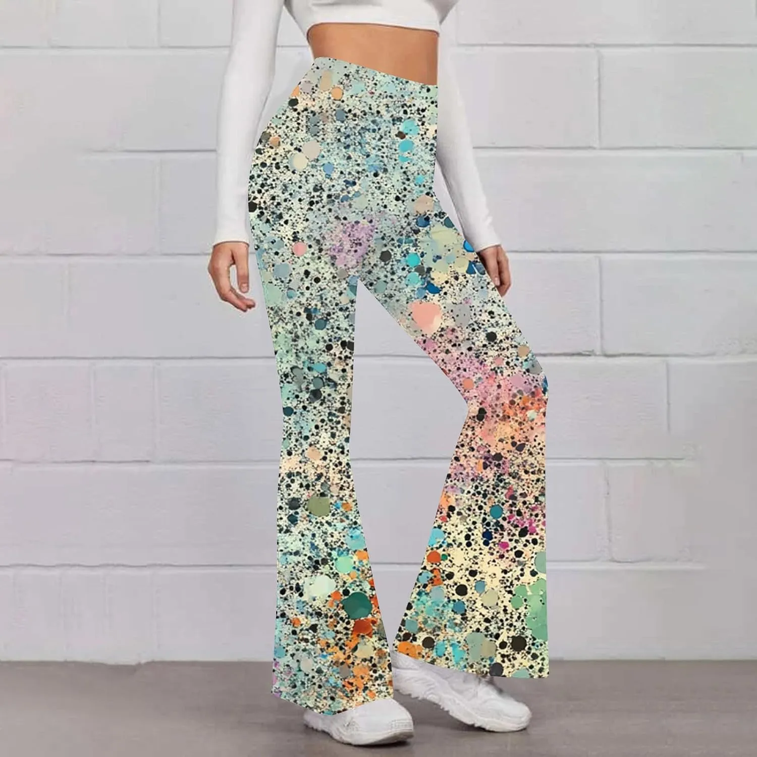 2025 Womens Stretch High Waist Leggings Regular Fitted Printed Flared Pants Active Workout Yoga Pants Comfy Trousers