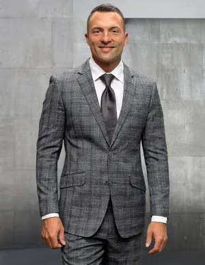 2Pc Plaid Italian Wool Suits. Super 200\'S. Modern Fit Flat Front Pants| PORTO-8| Gray