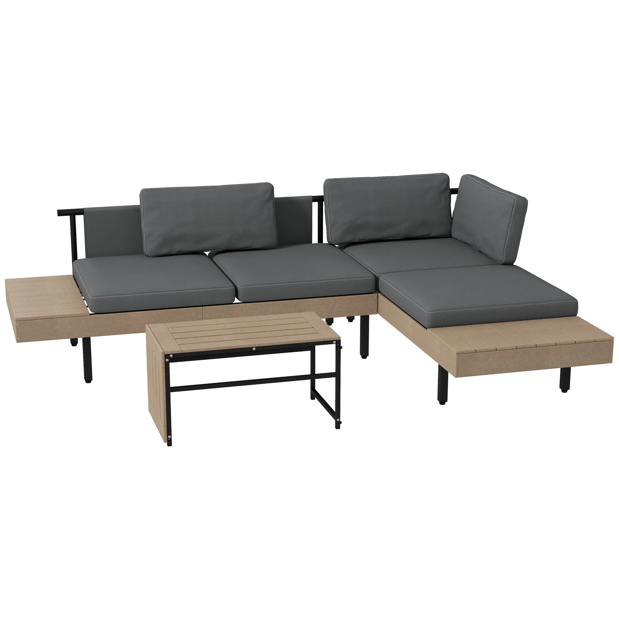 3-Piece L Shaped Garden Sofa Set with Sofa Table Cushions HDPE Garden Furniture Set for Poolside Patio
