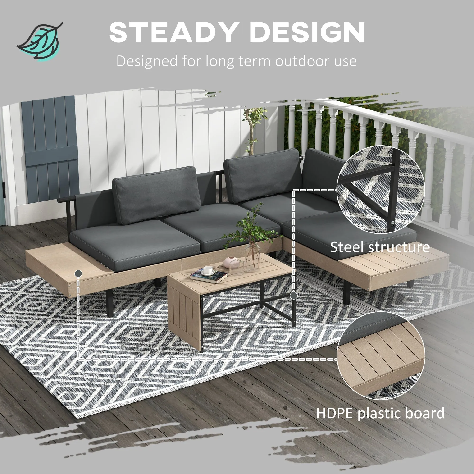 3-Piece L Shaped Garden Sofa Set with Sofa Table Cushions HDPE Garden Furniture Set for Poolside Patio