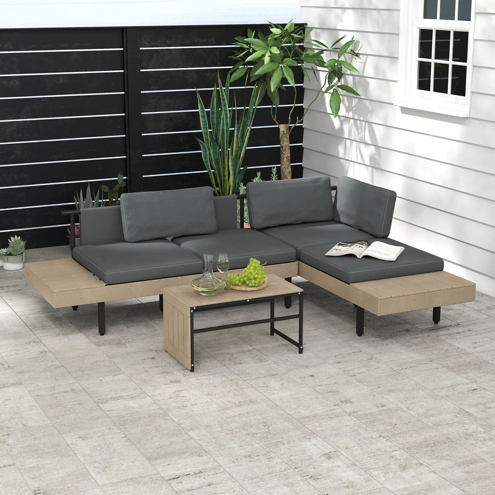 3-Piece L Shaped Garden Sofa Set with Sofa Table Cushions HDPE Garden Furniture Set for Poolside Patio