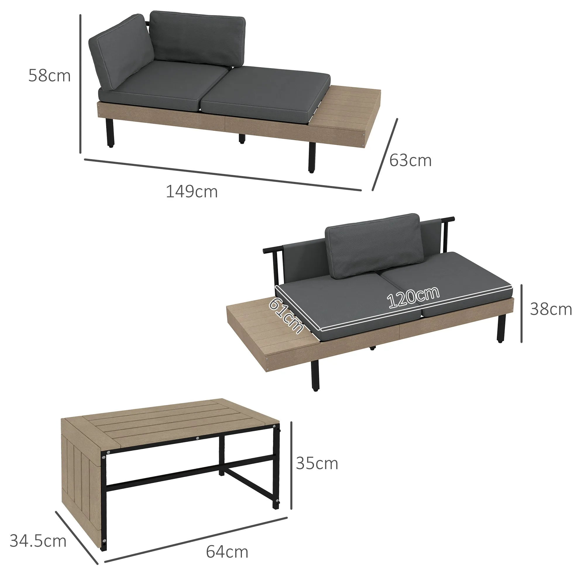 3-Piece L Shaped Garden Sofa Set with Sofa Table Cushions HDPE Garden Furniture Set for Poolside Patio
