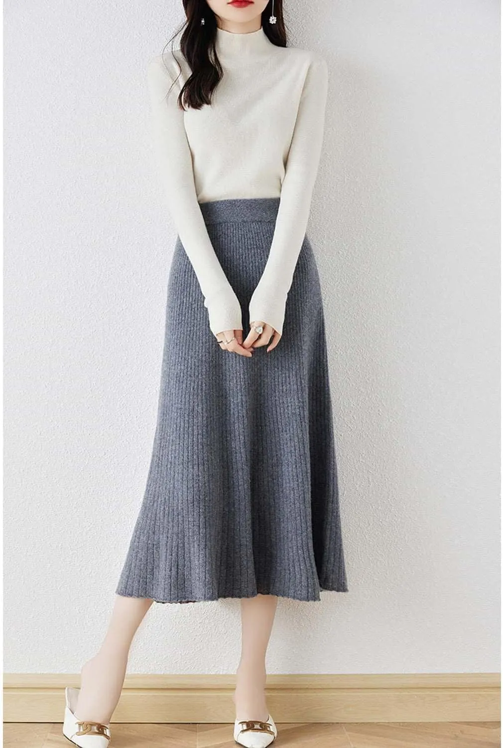 A-line Skirt Women Fall Winter 100% Merino Wool Knit Long Skirt Ribbed Elastic Waist Casual Warm Loose Skirt