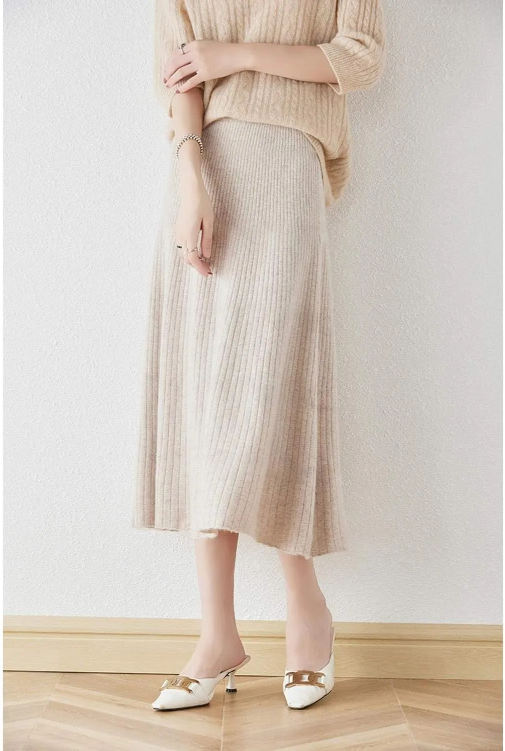 A-line Skirt Women Fall Winter 100% Merino Wool Knit Long Skirt Ribbed Elastic Waist Casual Warm Loose Skirt
