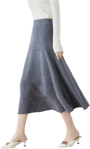 A-line Skirt Women Fall Winter 100% Merino Wool Knit Long Skirt Ribbed Elastic Waist Casual Warm Loose Skirt