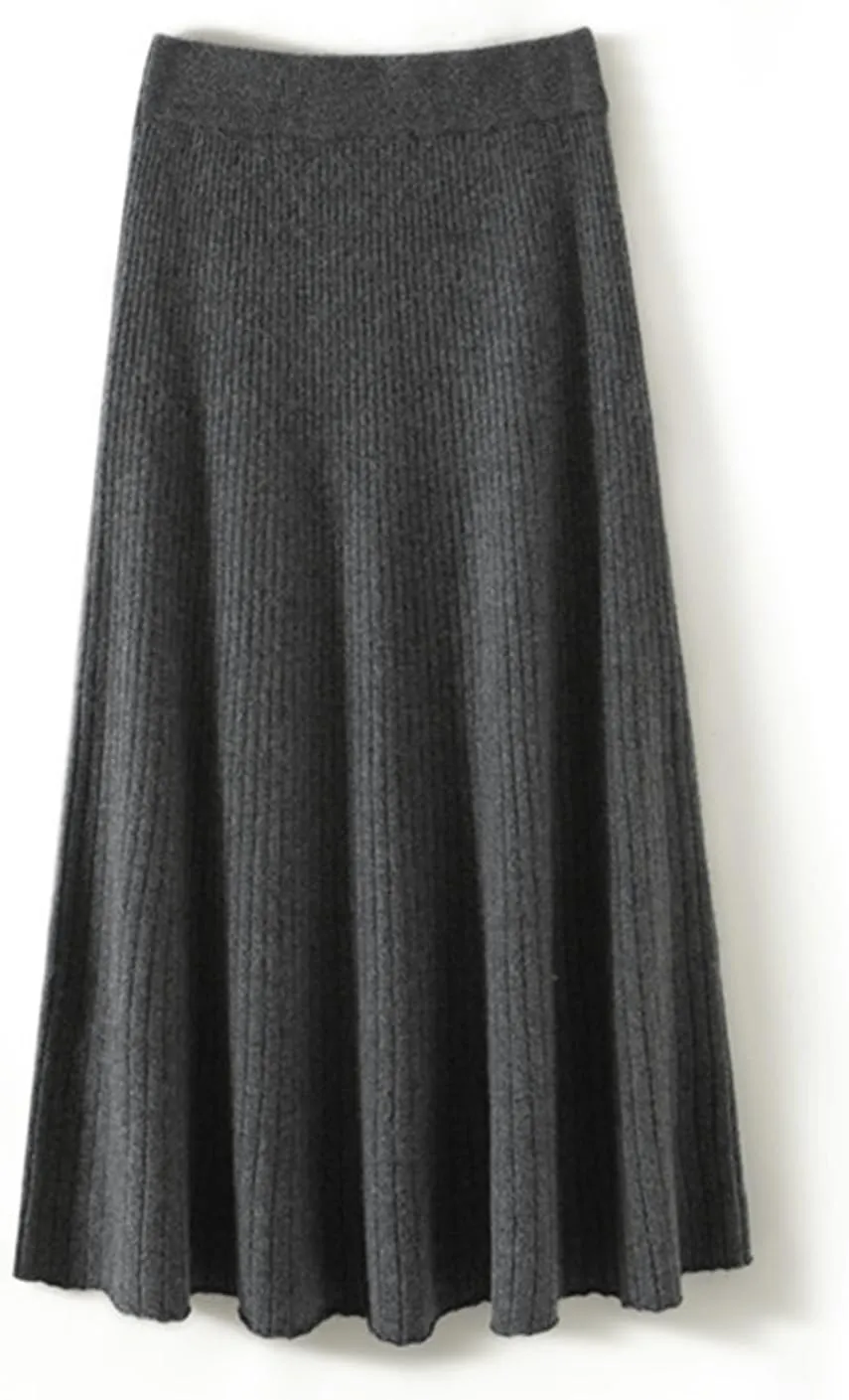 A-line Skirt Women Fall Winter 100% Merino Wool Knit Long Skirt Ribbed Elastic Waist Casual Warm Loose Skirt