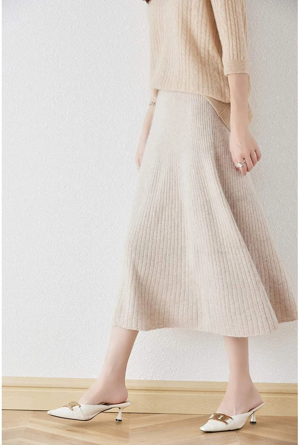 A-line Skirt Women Fall Winter 100% Merino Wool Knit Long Skirt Ribbed Elastic Waist Casual Warm Loose Skirt