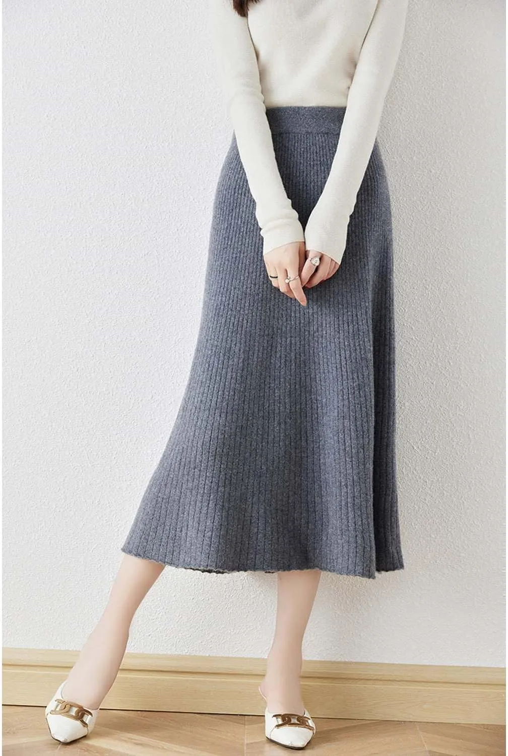 A-line Skirt Women Fall Winter 100% Merino Wool Knit Long Skirt Ribbed Elastic Waist Casual Warm Loose Skirt