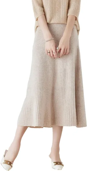 A-line Skirt Women Fall Winter 100% Merino Wool Knit Long Skirt Ribbed Elastic Waist Casual Warm Loose Skirt