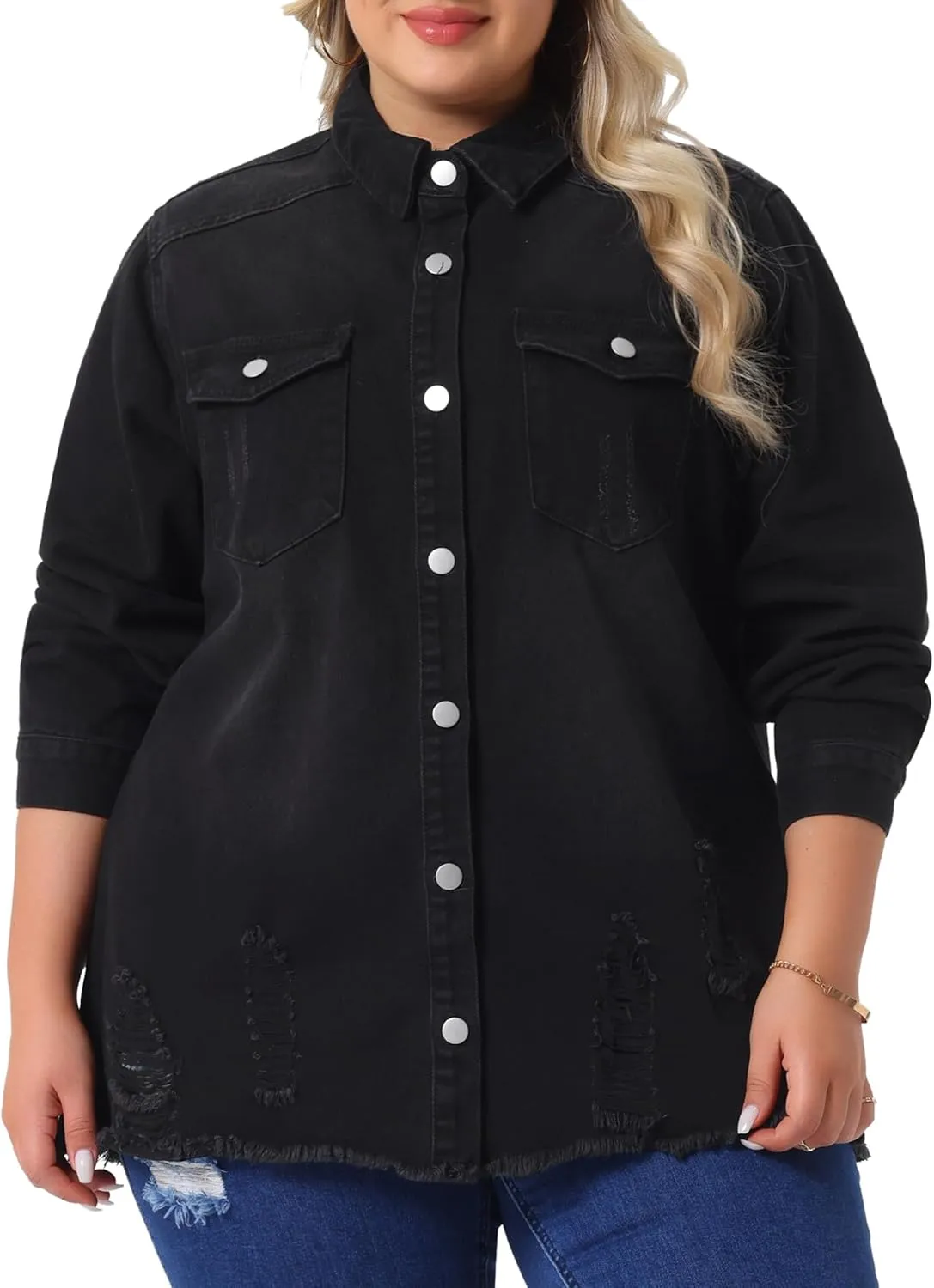 Agnes Orinda Women's Plus Size Denim Jackets Casual Long Sleeve Denim Shirts Distresse Jean Jacket