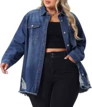 Agnes Orinda Women's Plus Size Denim Jackets Casual Long Sleeve Denim Shirts Distresse Jean Jacket