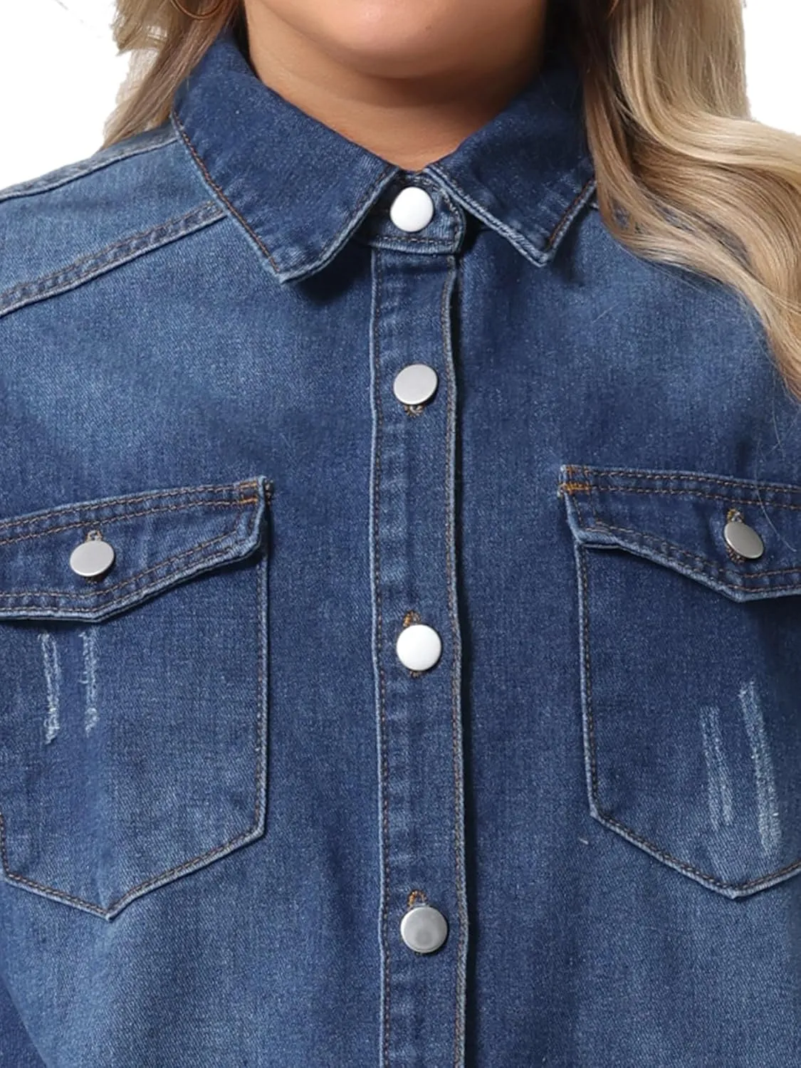 Agnes Orinda Women's Plus Size Denim Jackets Casual Long Sleeve Denim Shirts Distresse Jean Jacket