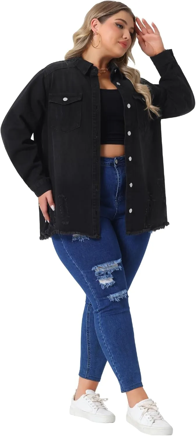 Agnes Orinda Women's Plus Size Denim Jackets Casual Long Sleeve Denim Shirts Distresse Jean Jacket