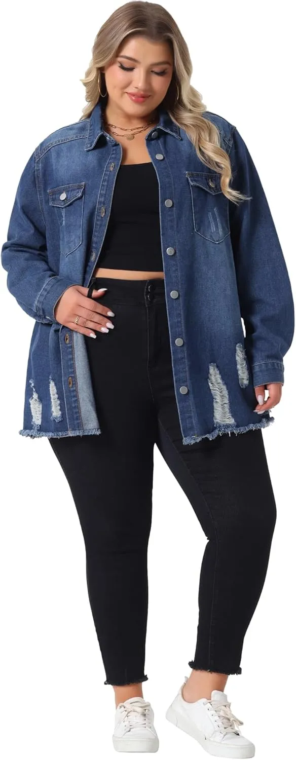 Agnes Orinda Women's Plus Size Denim Jackets Casual Long Sleeve Denim Shirts Distresse Jean Jacket