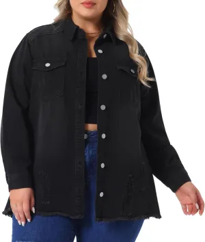 Agnes Orinda Women's Plus Size Denim Jackets Casual Long Sleeve Denim Shirts Distresse Jean Jacket