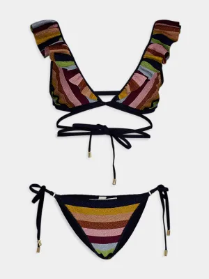 Alight Lurex Striped Ruffle Bikini Set