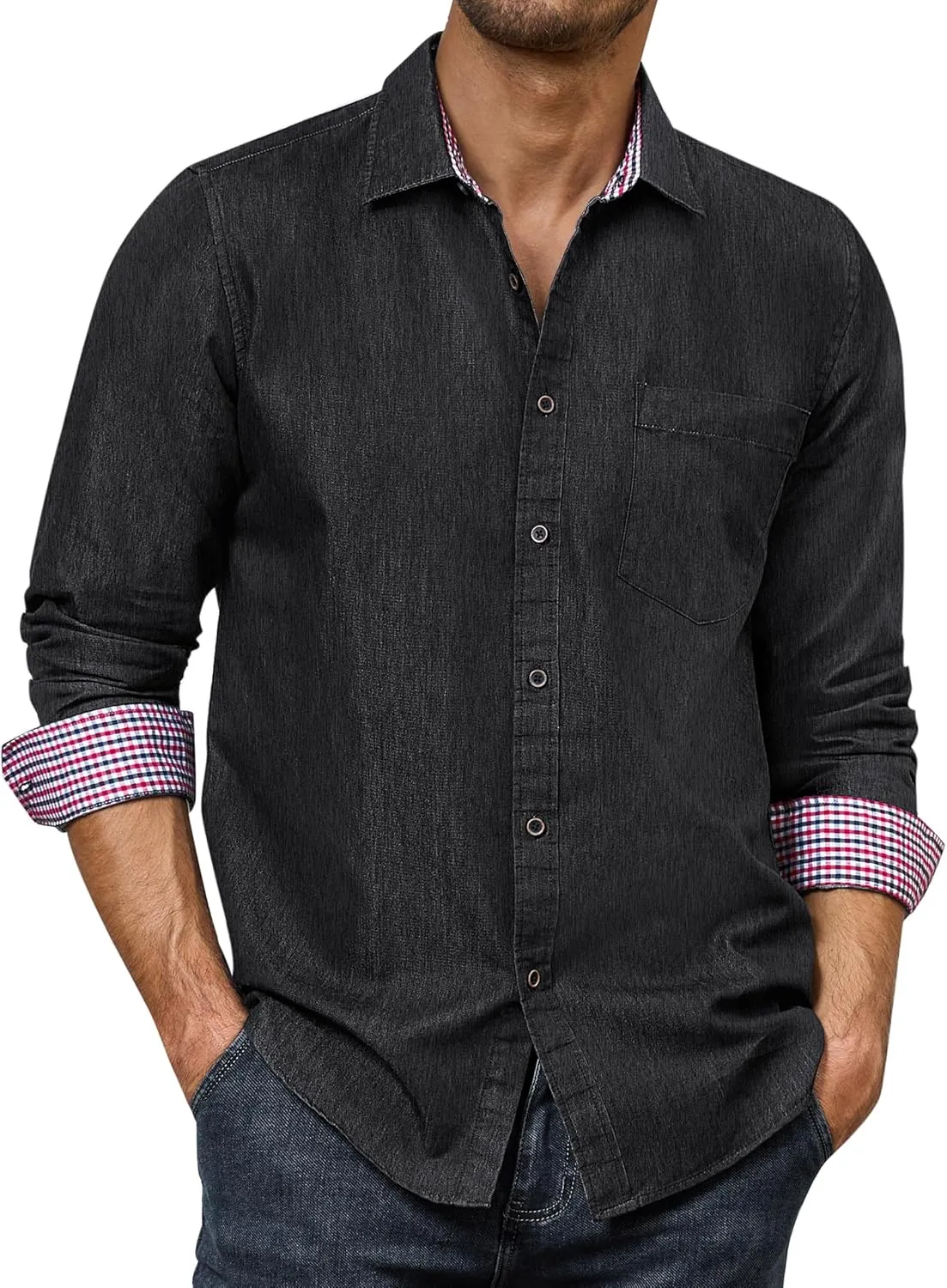 Alimens & Gentle Men's Denim Shirts Casual Button Down Long Sleeve Western Work Dress Shirts for Men