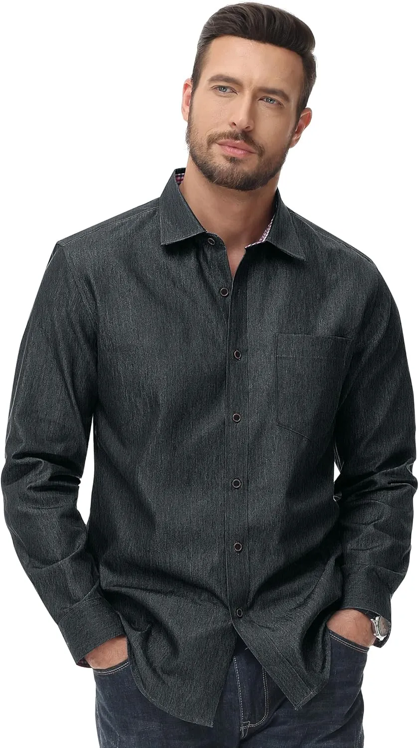 Alimens & Gentle Men's Denim Shirts Casual Button Down Long Sleeve Western Work Dress Shirts for Men