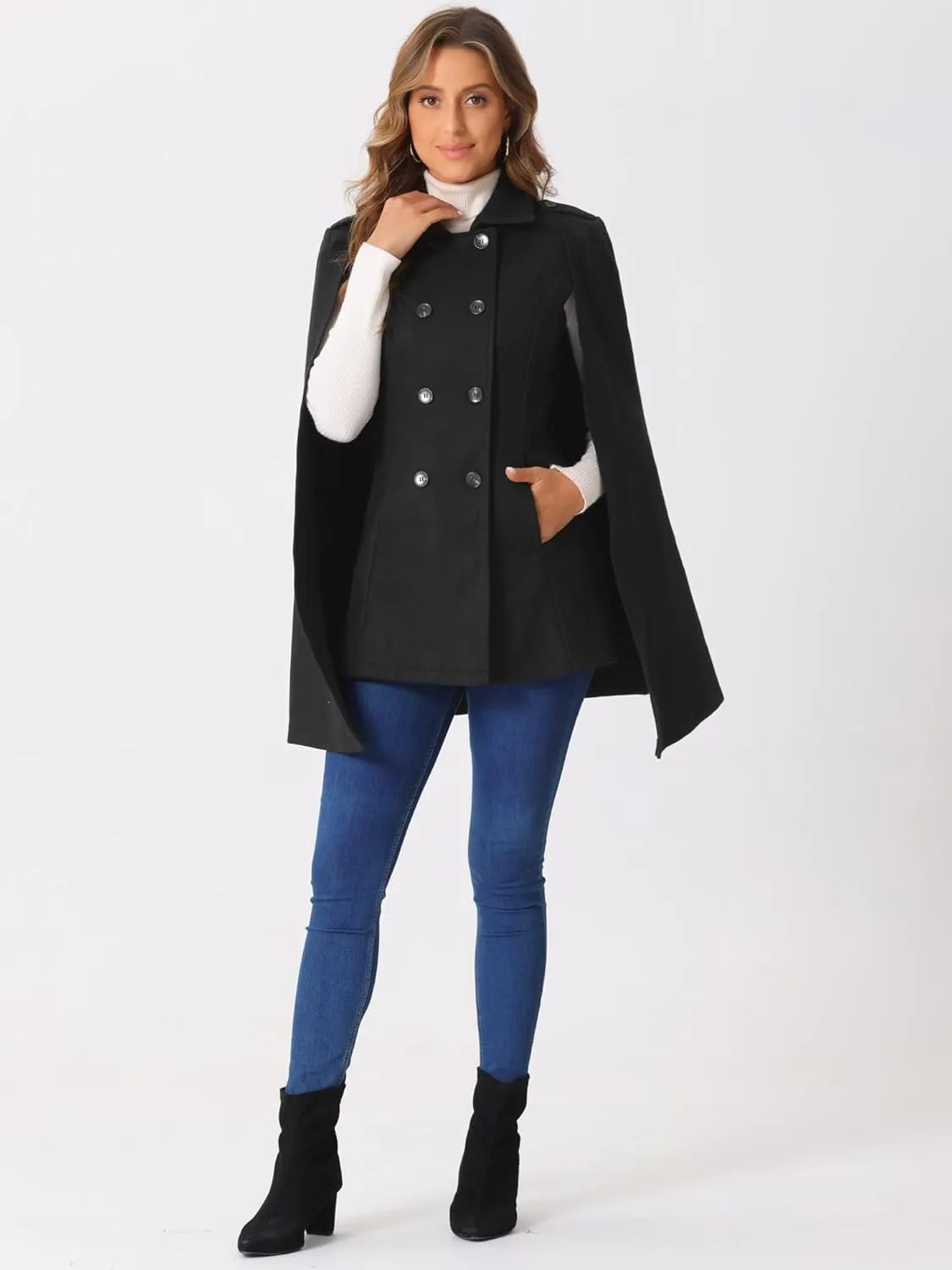 Allegra K Women's Cape Long Sleeve Coat Double Breasted Cloak Coat