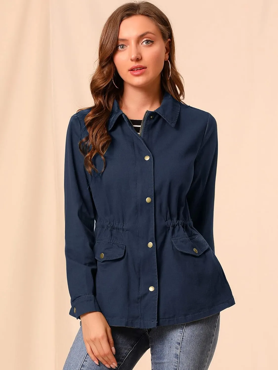 Allegra K Women's Utility Jacket Drawstring Waist 2025 Spring Flap Pockets Lightweight Jackets
